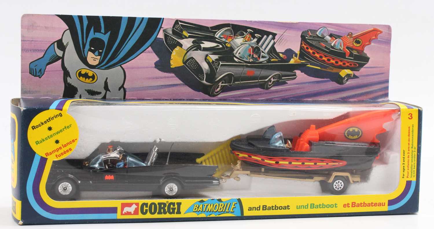 A Corgi gift set No. 3 Batmobile and Batboat comprising of gloss black Batmobile with Robin & Batman