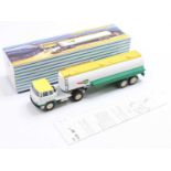 French Dinky Toys No. 887, Unic Articulated BP Tanker, white, green & lemon yellow cab and