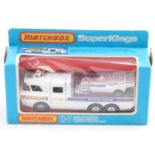 Matchbox Lesney Super Kings K7 Racing Car Transporter comprising of a white body with a silver-