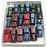 A tray containing 18 Dinky Toys cars in play-worn condition, specific examples include No. 36C