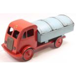 A Leeway Products pull-along refuse truck, comprising of red cab & chassis with blue back and