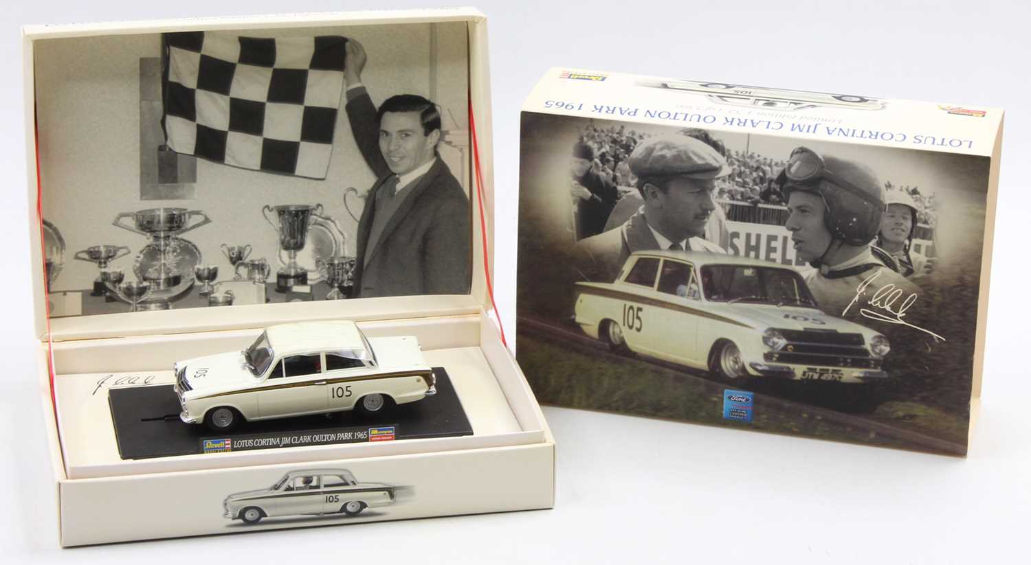 A Revell model racing 1/32nd scale Lotus Cortina as driven by Jim Clark at Oulton Park in 1965, a