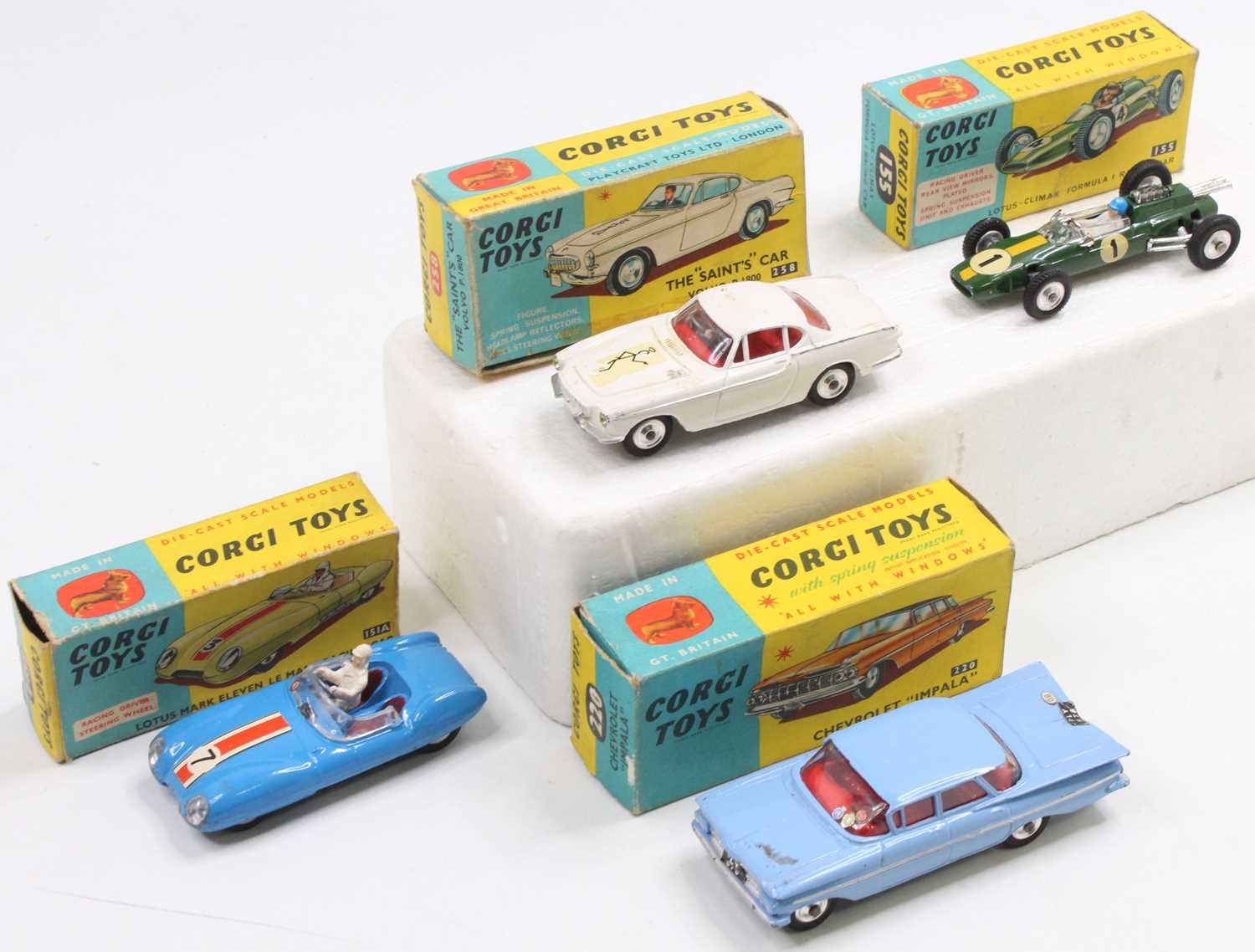 Four boxed or part boxed Corgi toy diecast vehicles to include a No. 155 Lotus Climax Formula 1 race