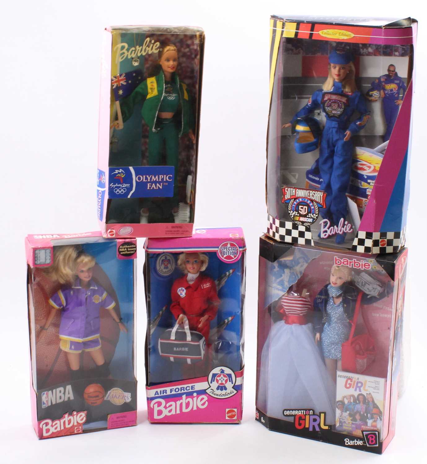 5 boxed Mattel Barbie Dolls, with specific examples including Air Force Barbie, NBA Barbie,