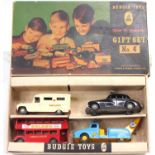 Budgie Toys Gift Set No. 4, containing a Daimler Ambulance, Wolseley Police Car, A.E.C.