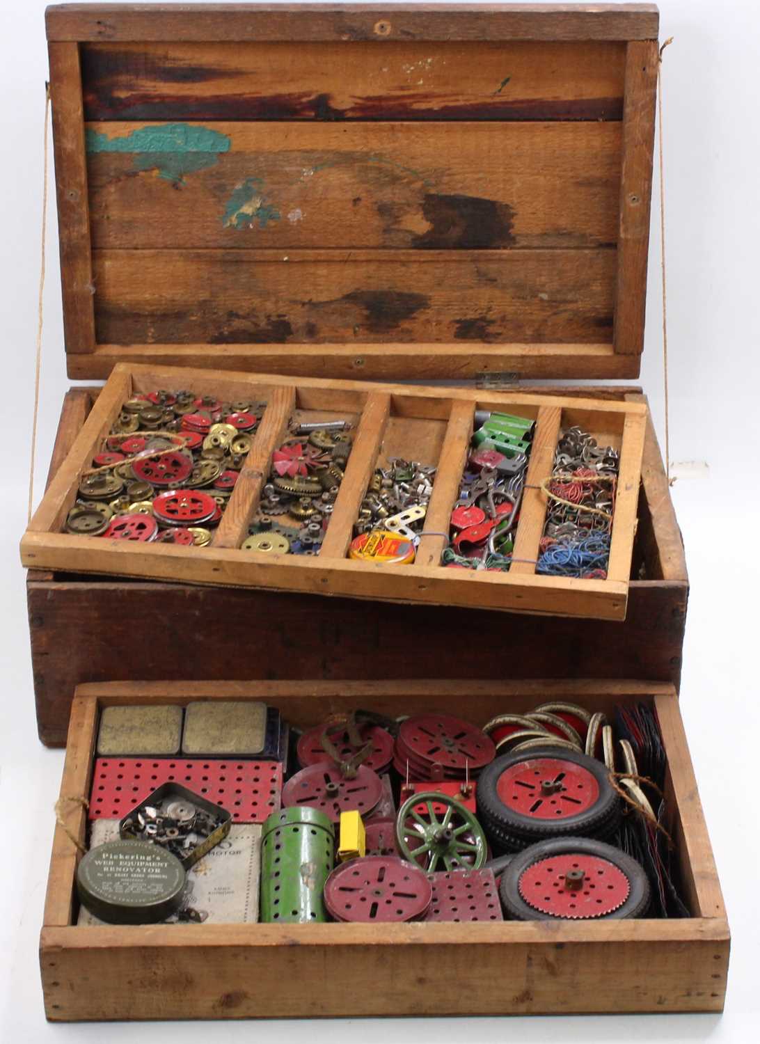 Two wooden boxes containing a large quantity of vintage Meccano including wheels, flat plates, - Image 2 of 4