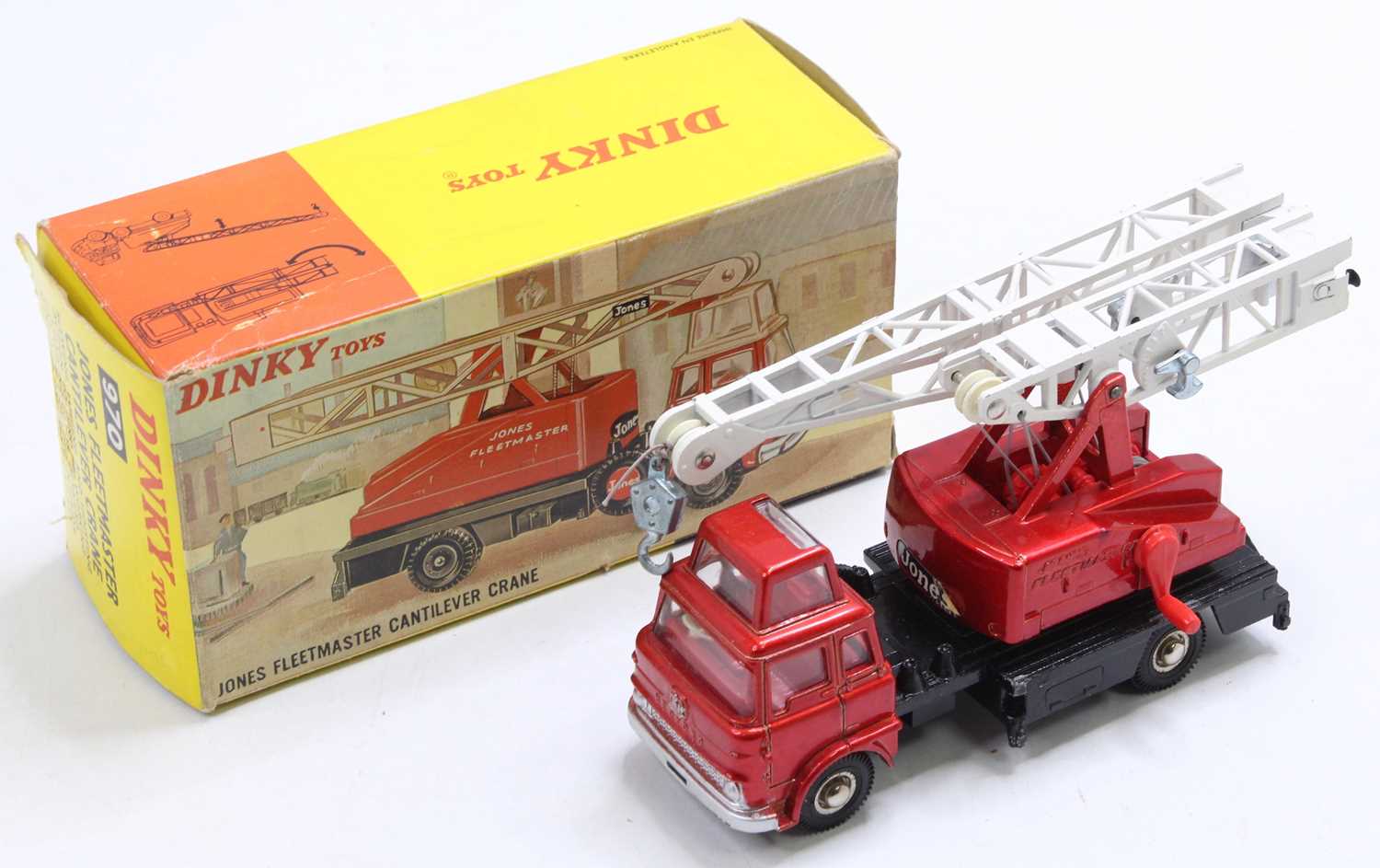 Dinky Toys No. 970 Jones Fleetmaster cantilever crane, comprising metallic red and gloss black