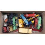 A small collection of play-worn Dinky Toys including 23H Ferrari Racing Car, No. 253 Daimler