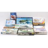 A collection of various 1/72nd scale aircraft model kits, with examples including a Matchbox Tornado