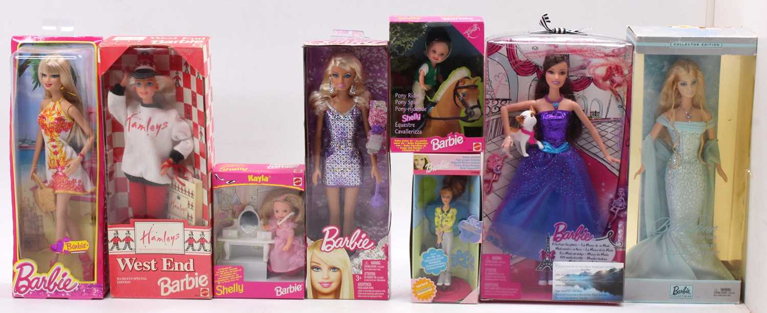 8 boxed Mattel Barbie and Shelly Barbie Dolls with examples including West End Barbie, Fairytale