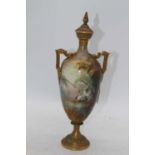 A Royal Worcester urn, decorated with a heron, h.19cm (a/f)