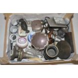 A box of miscellaneous items, to include pewter measures, pocket cigarette case etc