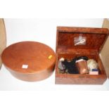 A burr wood box containing costume jewellery, beaded choker etc; together with another box (