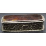 A late Victorian silver and embossed snuff box, having tortoiseshell inset hinged cover,