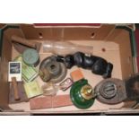 Miscellaneous items to include vintage irons, oil lamp parts etc