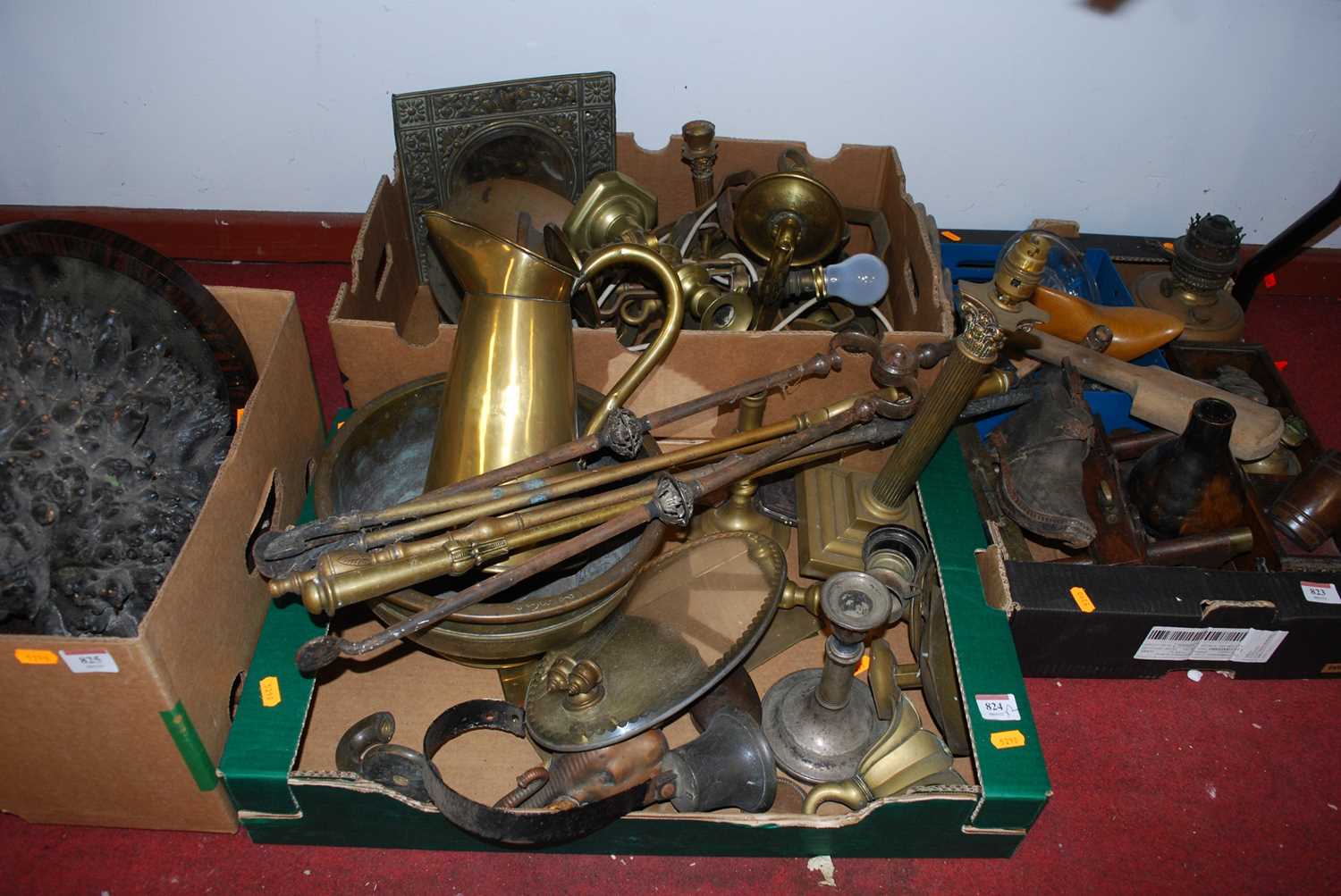 A collection of 19th century and later brassware to include table candle sticks, table lamp etc