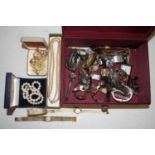 A jewellery box and contents to include faux pearl two string choker, various lady's fashion watches