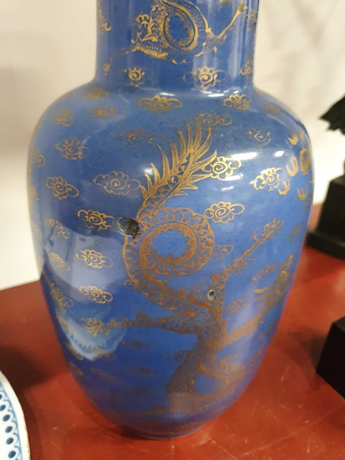 A Chinese blue glazed stoneware vase, gilt decorated with four clawed dragons, later converted - Image 4 of 4