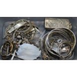 Assorted silver and white metal, to include a cigarette lighter sleeve, various bangles, brooches