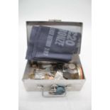 A small aluminium box and contents to include 1797 cartwheel pennies, Barclays Bank bag, various