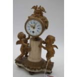 A 19th century French gilt metal figural mantel clock, the enamel dial showing Roman numerals,