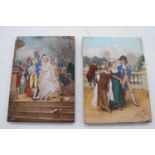 Continental school, late 19th century, courtship scene, overpainted print on board, together with