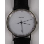A Georg Jensen steel cased gent's quartz wristwatch, case dia.38mm, on Hirsch black leather