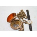 A gent's gold plated full hunter pocket watch, with gilt metal chain; together with a lady's