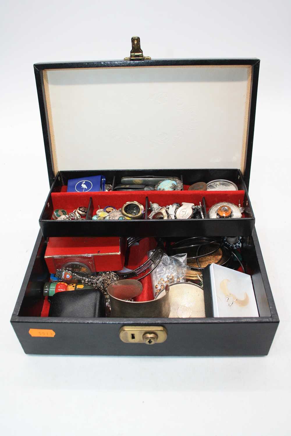 A jewellery box and contents to include engine turned silver ladies powder compact, enamelled