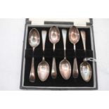 A set of six George V silver tea spoons in fitted leather case, gilt tooled to the lid H&LB 1872-