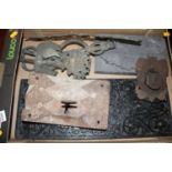 Miscellaneous items to include an antique iron lock plate, brass furniture mounts etc