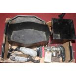 Miscellaneous items to include a Toleware type wastepaper bin, silver plated tray, etc