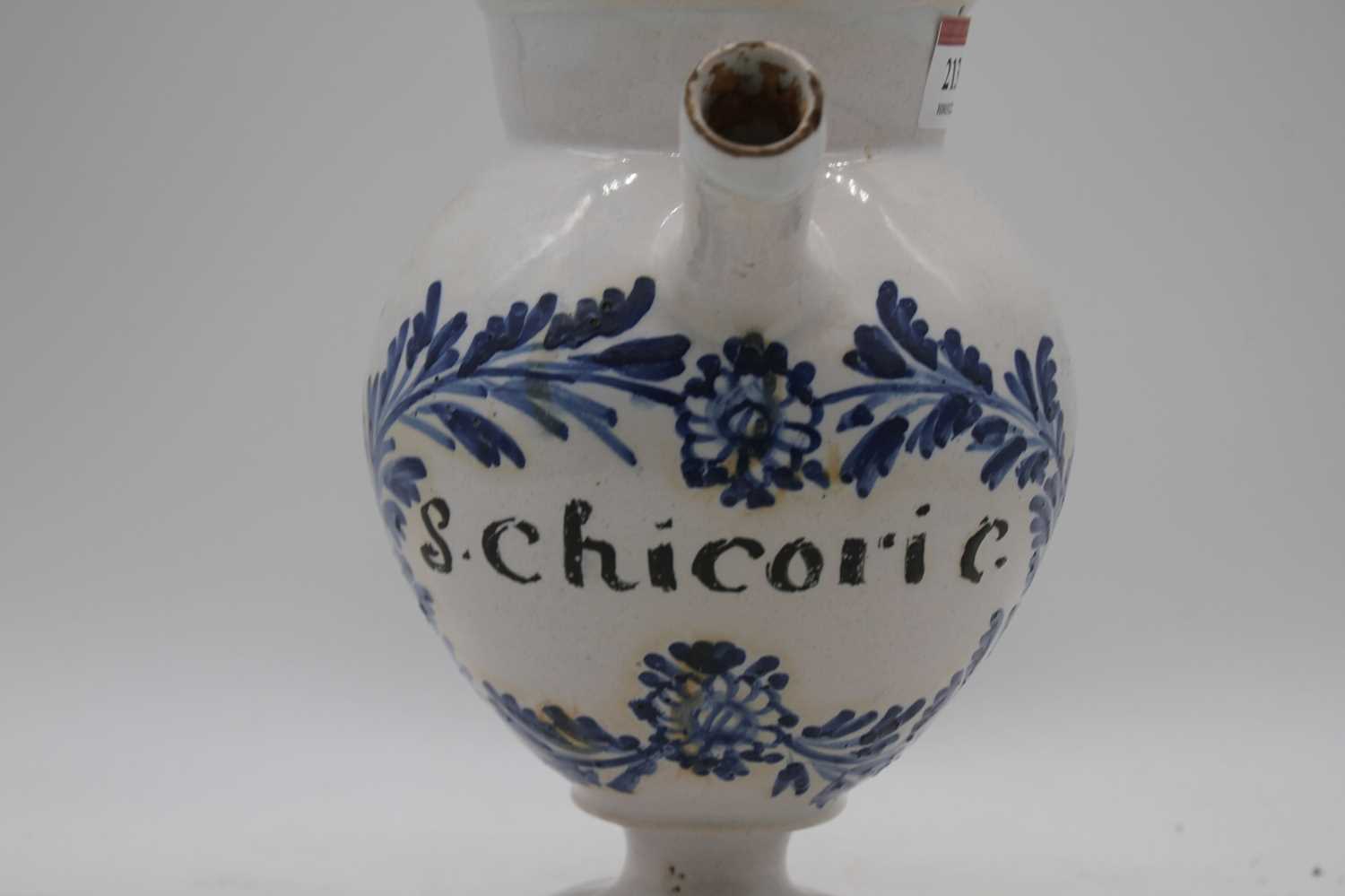 An 18th century French faience wet drug jar, inscribed S.Chicoric, h.22cmHas been restored. - Image 3 of 3