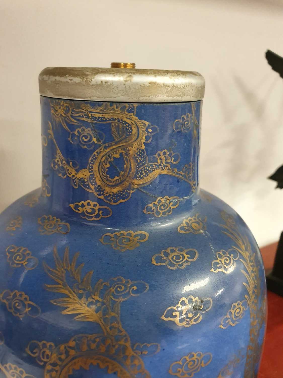 A Chinese blue glazed stoneware vase, gilt decorated with four clawed dragons, later converted - Image 3 of 4