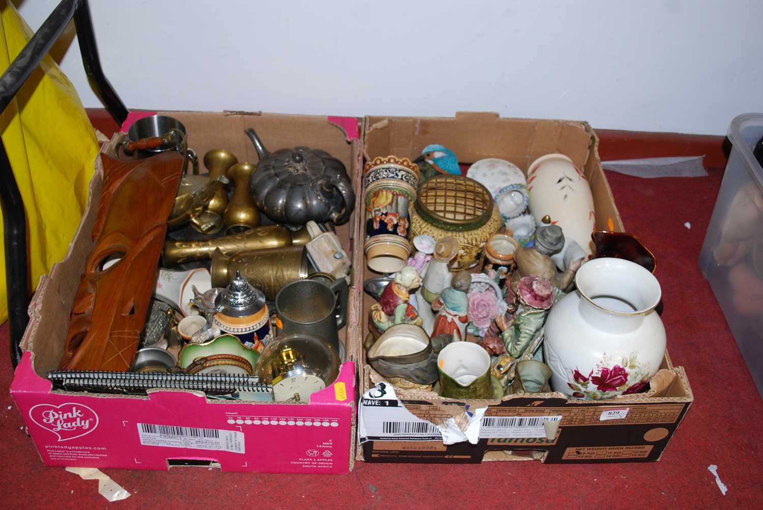 Two boxes of ceramics and metal wares to include a 19th century pewter teapot and an anniversary