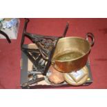 A collection of metal wares to include Victorian copper pans, and a Victorian brass preserve pan