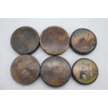 A collection of six 19th century papier-mache snuff boxes, the largest dia.9cm