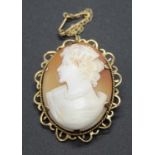 A Victorian style carved shell cameo brooch, in 9ct gold mount, with safety chain, gross weight 9.