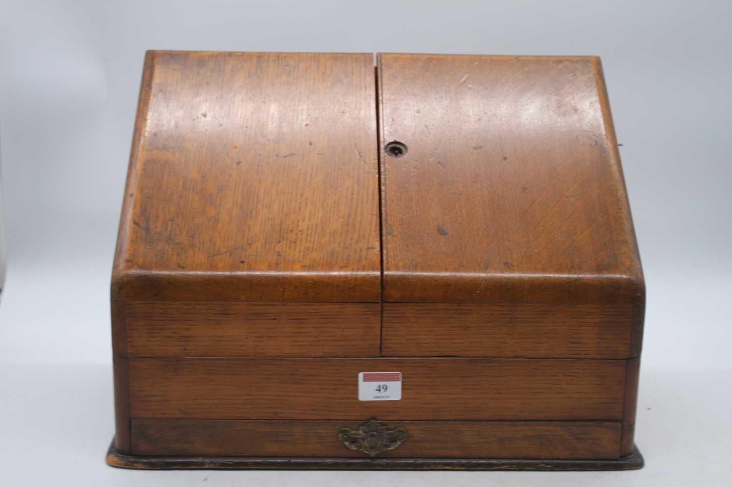 A 19th century oak stationery cabinet, the doors opening to reveal an arrangement of pigeon holes, - Image 2 of 3