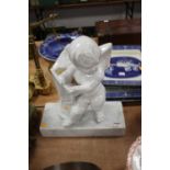 A continental pottery putto, mounted upon a polished hardstone plinth, height 44cm