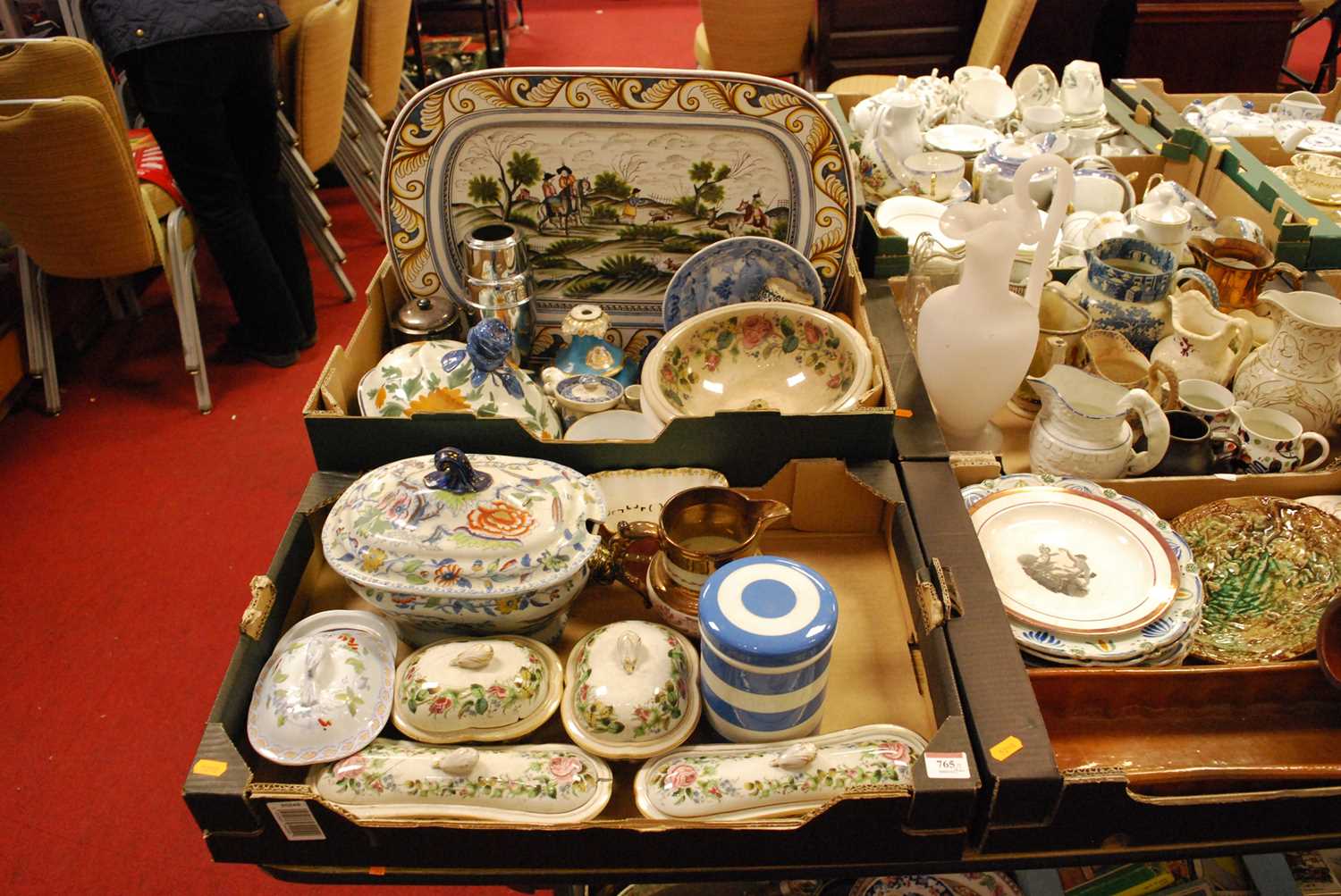 Two boxes of ceramics, to include a continental meat dish, stoneware tureen etc