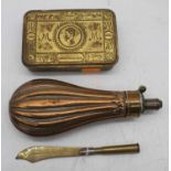 A 19th century copper and brass powder flask, 19cm; together with a Christmas 1914 brass tin; and
