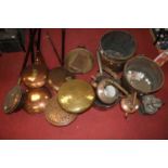 A collection of 19th century and later metal wares to include copper warming pans, copper range