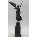 A 19th century bronze figure of Nike, showing standing upon a ball and square plinth, height 34cm