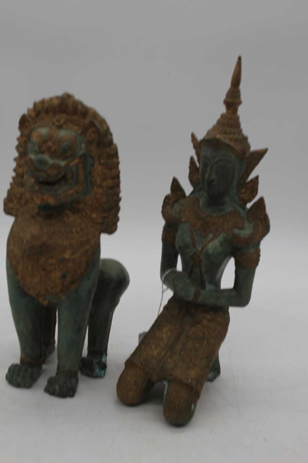 An eastern verdigris and gilt metal figure of a deity, shown kneeling, height 32cm; together with - Image 4 of 4