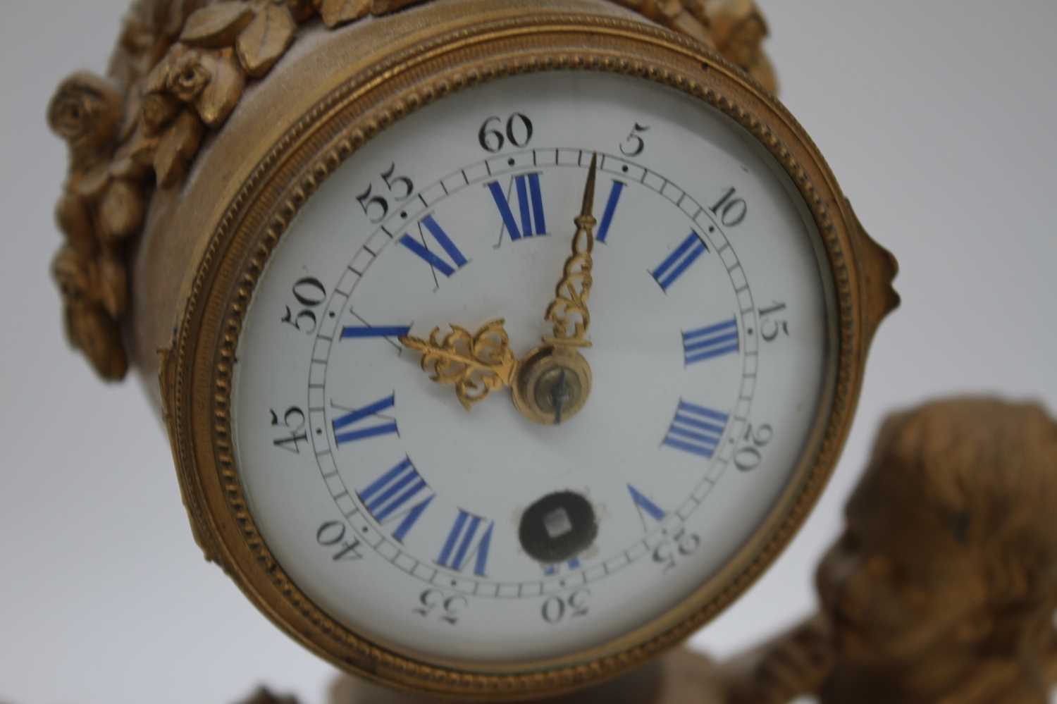 A 19th century French gilt metal figural mantel clock, the enamel dial showing Roman numerals, - Image 3 of 3