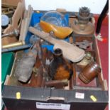 Miscellaneous items to include a brass oil lamp font, vintage moulding planes etc
