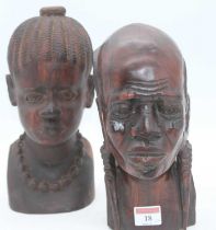 A pair of African carved hard wood head & shoulder busts, largest height 25cm