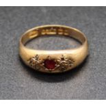 A vintage 9ct gold, ruby and diamond point set ring, 3.5g, size N