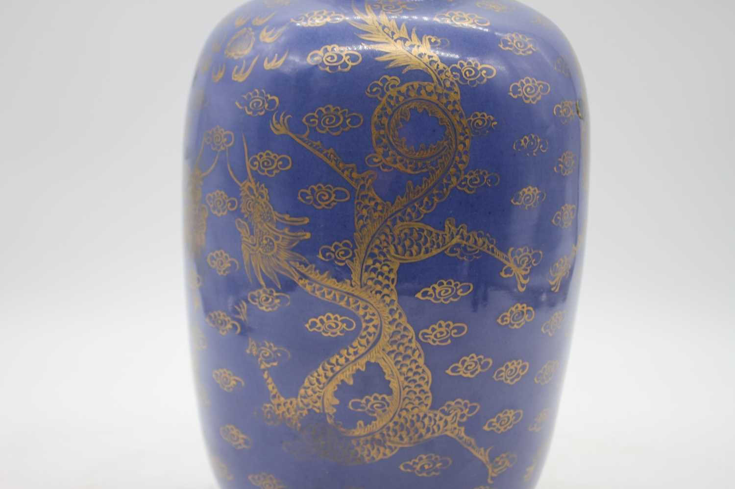 A Chinese blue glazed stoneware vase, gilt decorated with four clawed dragons, later converted - Image 2 of 4
